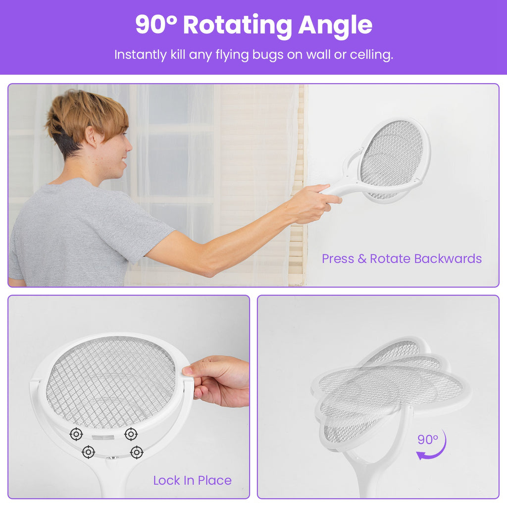3 In 1 Electric Bug Zapper Racket 90Degree Rotating Bug Zapper Wand Indoor Outdoor Handheld Mosquito Swatter With Telescopic Extension Wand