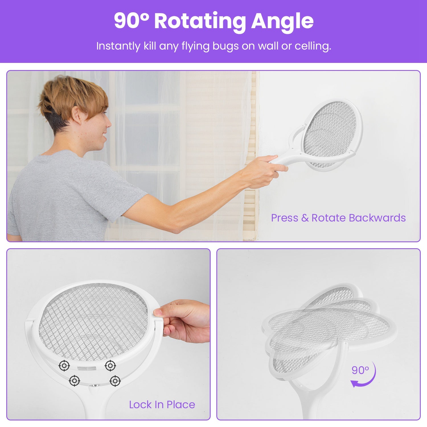 3 In 1 Electric Bug Zapper Racket 90Degree Rotating Bug Zapper Wand Indoor Outdoor Handheld Mosquito Swatter With Telescopic Extension Wand