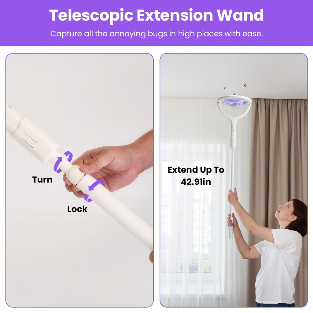 3 In 1 Electric Bug Zapper Racket 90Degree Rotating Bug Zapper Wand Indoor Outdoor Handheld Mosquito Swatter With Telescopic Extension Wand