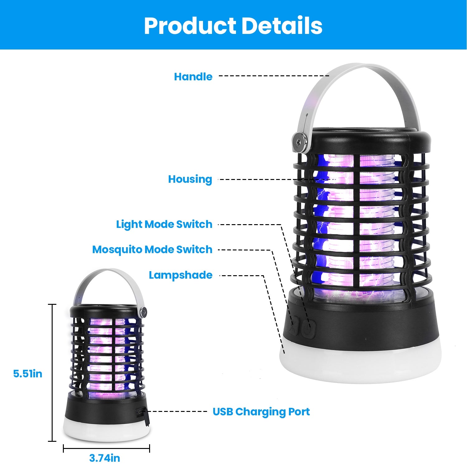 1Pc 4 In 1 Bug Zapper Light Rechargeable Mosquito Zapper For Indoor Outdoor Waterproof Mosquito Killer Lamp With 3 Lighting Modes For Patio Yard Home